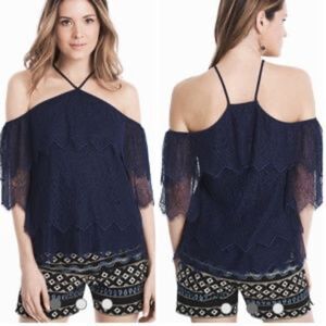 White House Black Market Halter Cold Shoulder Lace Navy Top Blouse XS